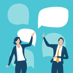 Discussion. Business couple pointing at various speech bubbles. Business vector illustration.