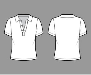 Polo shirt technical fashion illustration with cotton-jersey short sleeves, oversized, buttons along the front. Flat outwear apparel template front, back, white color. Women men unisex top mockup
