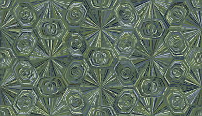 Seamless pattern. Snowflakes with six-sided symmetry. Random scatter of colors. Blue and green.