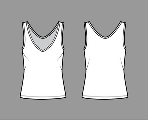 Cotton-jersey tank technical fashion illustration with oversized body, deep V-neckline, elongated hem. Flat outwear apparel template front, back, white color. Women, men unisex shirt top CAD mockup 