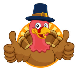 Pilgrim Turkey Thanksgiving bird animal cartoon character wearing a pilgrims hat giving a thumbs up