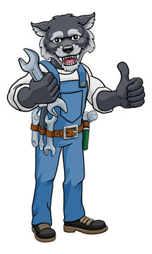 wolf mechanic thumbs up holding wrenches clip art preview