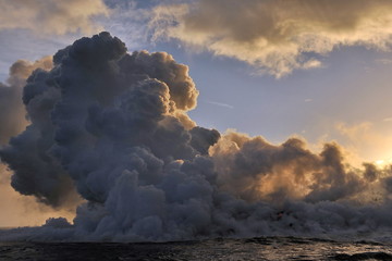 Lava flowing into the ocean from lava volcanic eruption on Big Island Hawaii, USA.