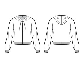 Zip-up cotton-fleece hoodie technical fashion illustration with relaxed fit, long sleeves, ribbed trims. Flat jumper apparel template front, back, white color. Women, men, unisex sweatshirt top mockup