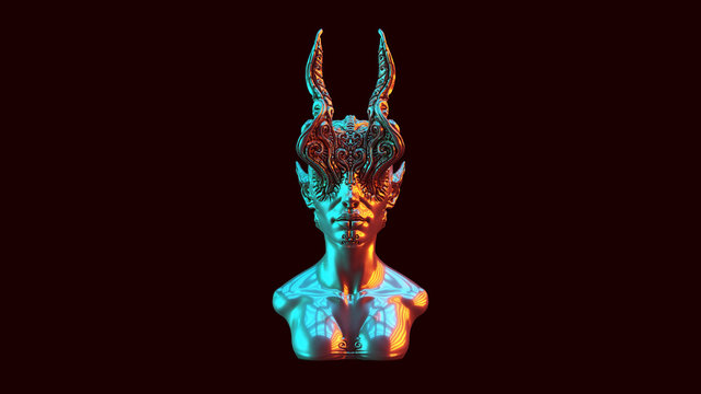Silver Demonic Queen Bust with Red Orange and Blue Green Moody 80s lighting 3d illustration 3d render