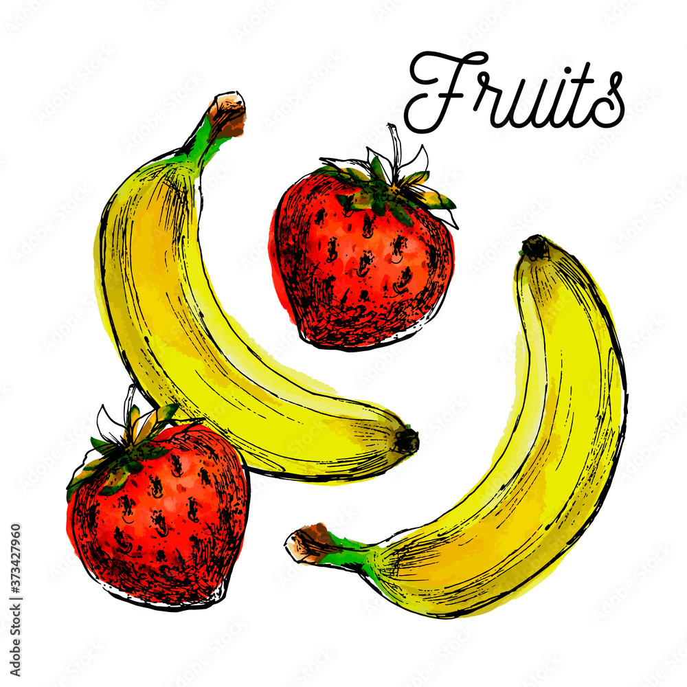 Poster Bananas and fresh strawberries illustration vector black