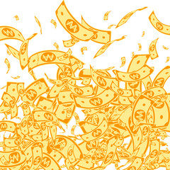 Korean won notes falling. Messy WON bills on white