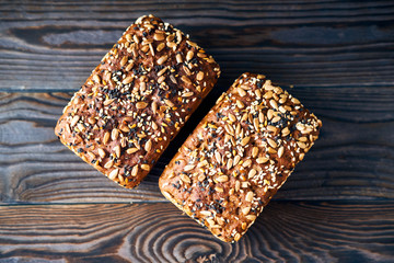 Homemade bread on dark wooden table