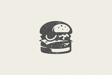 Big burger silhouette as logo fast food service hand drawn stamp effect vector illustration. - obrazy, fototapety, plakaty
