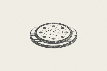 Pizza silhouette with tomatoes and mushrooms fast food hand drawn stamp effect vector illustration.