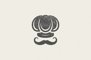 Silhouette of traditional chef cook hat and mustache designed as emblem for restaurant stamp vector illustration