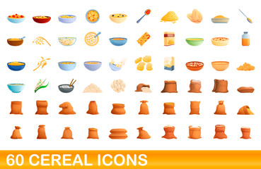 60 cereal icons set. Cartoon illustration of 60 cereal icons vector set isolated on white background