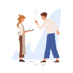 Angry restaurant manager shout at waitress holding tray with broken dishes. Conflict or dismissal scene. Cafe aggressive administrator intimidates waitress in apron. Flat vector cartoon illustration