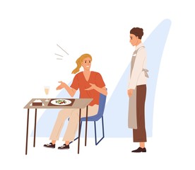 Displeased restaurant or cafe visitor shout, scream at waiter boy in apron. Woman sitting at served dinner table with dish. Conflict or scene of dissatisfied client. Flat vector cartoon illustration