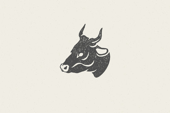 recommend clip art: Black cow head silhouette with horns designed for meat industry hand drawn stamp effect vector illustration.