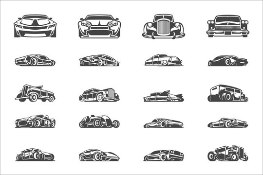 Vintage classic car silhouettes and icons isolated on white background vector illutrations set.