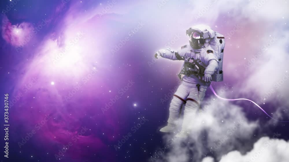 Wall mural video of universe flyby with an astronaut seen floating. camera moves towards a galaxy seen at a dis