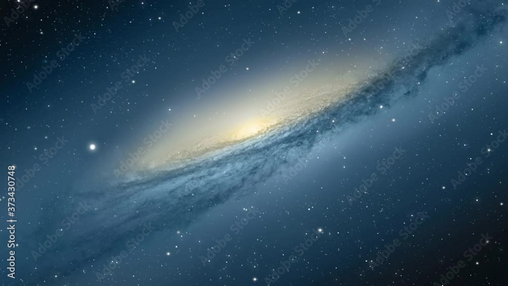 Wall mural video of universe flyby. camera moves towards a galaxy seen at a distance while stars flyby. apt for