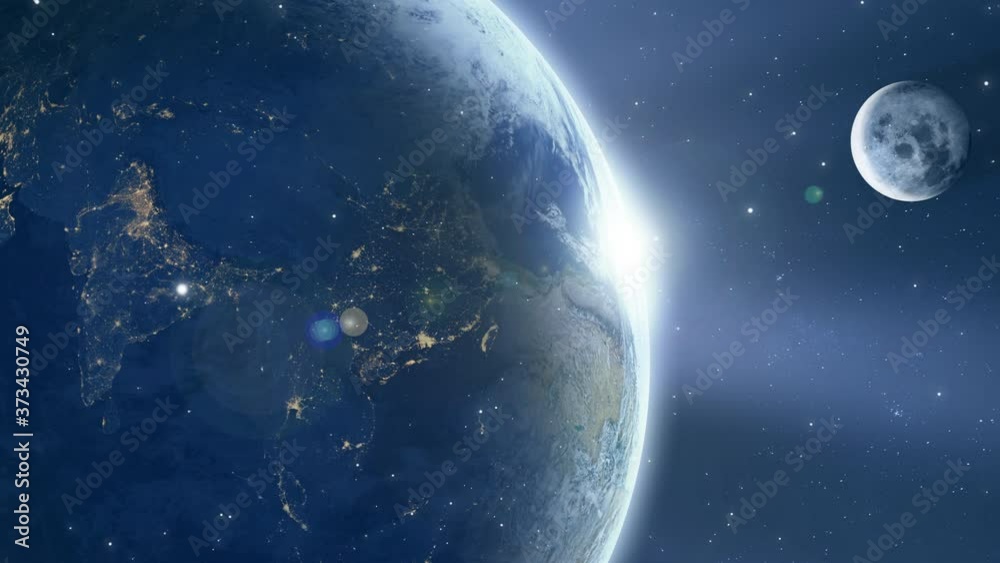 Wall mural video of universe flyby. camera moves towards earth planet and moon seen at a distance while stars f