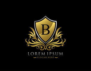 Luxury Shield B Letter Logo. Graceful Elegant gold shield icon design.