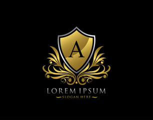 Luxury Shield A Letter Logo. Graceful Elegant gold shield icon design.
