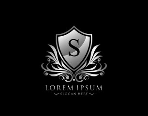 Luxury Shield S Letter Logo. Graceful Elegant Silver shield icon design.
