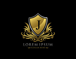 Luxury Shield J Letter Logo. Graceful Elegant gold shield icon design.