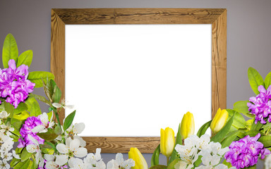 Beautiful background for greeting with rhododendron flowers, white cherry and yellow tulips. Decorative elements for yor design