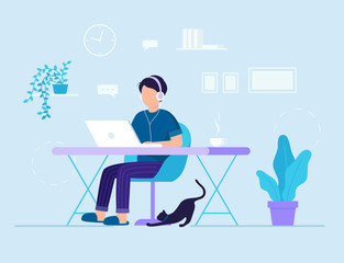 Freelance Worker Concept. Freelancer Works With Laptop At Home In The Morning. Male Character Sits In The Armchair At The Table, Using Computer, Headphones And Wi-fi. Vector Illustration In Flat Style