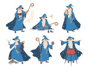 Wizard, magician cartoon character set, flat vector illustration. Old beard man in blue wizards robe hat. Warlock, sorcerer with magical wand, cauldron. Mystery fantasy witchcraft, magic Merlin spells - obrazy, fototapety, plakaty