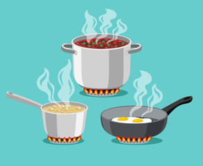 Cooking in home pans. Boiling pot and fried pan set, cartoon steel cooking pots with boiling soup and fried egg, concept of home dinner on stove, flaming gas burner heats kitchen ob