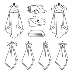 Towel outline line icons. Cartoon dry clean items for bathroom, hand drawn cute clean items for drying in bath, vector illustration of towels isolated on white background
