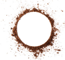 Milled coffee powder pile arranged in round blank frame and border circle isolated on white background, top view