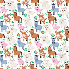 Farm animals seamless pattern. Collection of cartoon cute baby animals. Cow, sheep, goat, horse, donkey, pig. Flat vector illustration isolated.