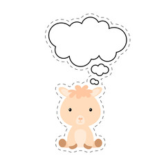 Cute cartoon alpaca with speech bubble sticker. Kawaii character on white background. Cartoon sitting animal postcard clipart for birthday, baby shower, party event. Vector stock illustration.