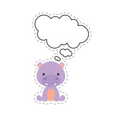 Cute cartoon hippo with speech bubble sticker. Kawaii character on white background. Cartoon sitting animal postcard clipart for birthday, baby shower, party event. Vector stock illustration.