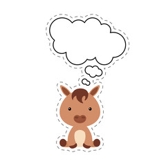 Cute cartoon horse with speech bubble sticker. Kawaii character on white background. Cartoon sitting animal postcard clipart for birthday, baby shower, party event. Vector stock illustration.