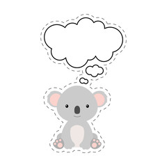Cute cartoon koala with speech bubble sticker. Kawaii character on white background. Cartoon sitting animal postcard clipart for birthday, baby shower, party event. Vector stock illustration.