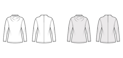 Top technical fashion illustration with elegant draped neckline, long sleeves, oversized, back button-fastening keyhole. Flat blouse template front, back, white, grey color. Women men unisex shirt CAD