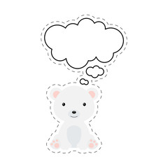 Cute cartoon polar bear with speech bubble sticker. Kawaii character on white background. Cartoon sitting animal postcard clipart for birthday, baby shower, party event. Vector stock illustration.