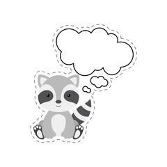 Cute cartoon raccoon with speech bubble sticker. Kawaii character on white background. Cartoon sitting animal postcard clipart for birthday, baby shower, party event. Vector stock illustration.
