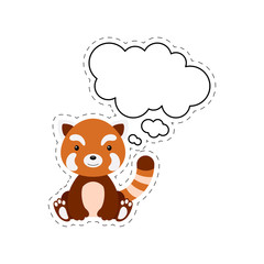 Cute cartoon red panda with speech bubble sticker. Kawaii character on white background. Cartoon sitting animal postcard clipart for birthday, baby shower, party event. Vector stock illustration.