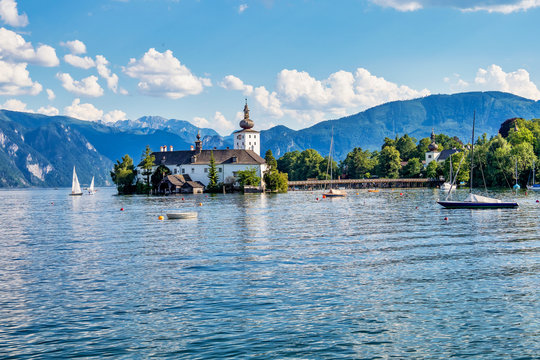 Lake Traunsee with Castle Ort or Orth at Gmunden in Salzkammergut, Austria