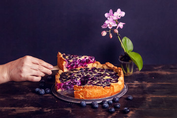 Womans hand cuts off and takes a piece of rustic shortbread pie with blueberries in sour cream filling on a wooden background and phalaenopsis flower. Close up