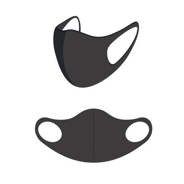 Black face mask illustration with side and front view.