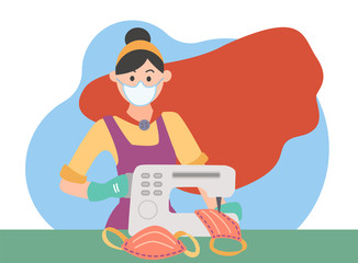 Essential employee seamstress woman sews a mask on a sewing machine. Sewing factory of medical masks at home to protect against coronavirus. Super hero new reality in cloak. Vector flat illustration.