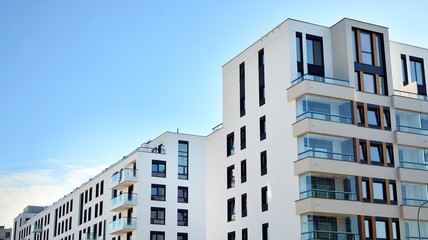 Fototapeta premium Architectural details of modern apartment building. Modern european residential apartment building complex.