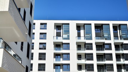 Architectural details of modern apartment building. Modern european residential apartment building complex.