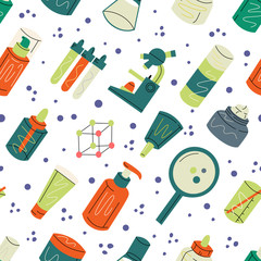 Seamless colourful vector pattern with beauty products, skin care cosmetics in jars, tubes, bottles. Molecules, vitamins, magnifying glass, microscope, laboratory elements, skincare science.
