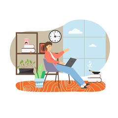 Young man, freelancer working on laptop computer from home office, flat vector illustration